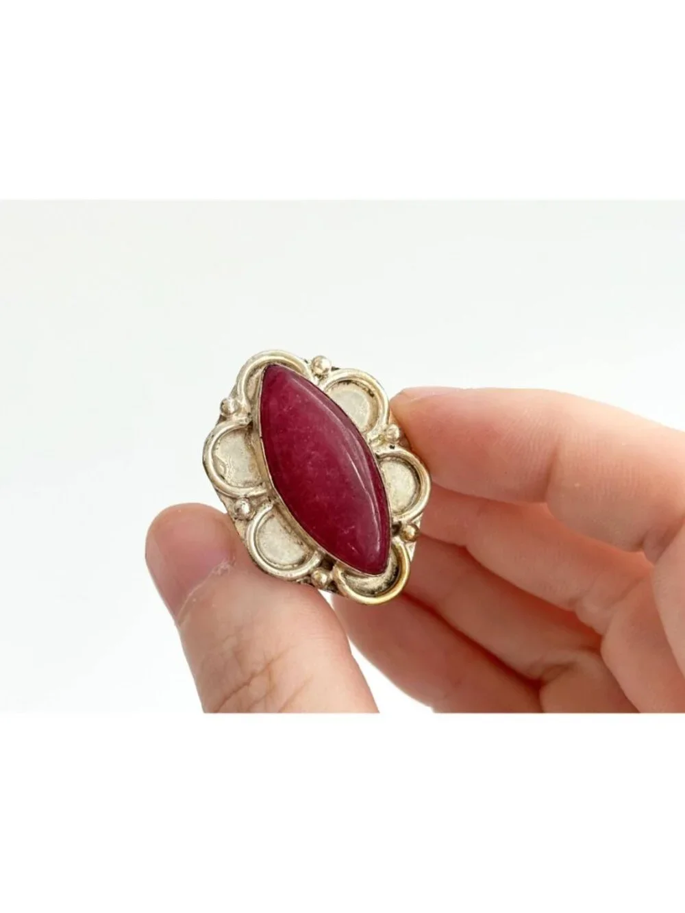 Red Adventurine Marquise Scalloped Sterling Silver 925 Vintage Ring - sz 10.5